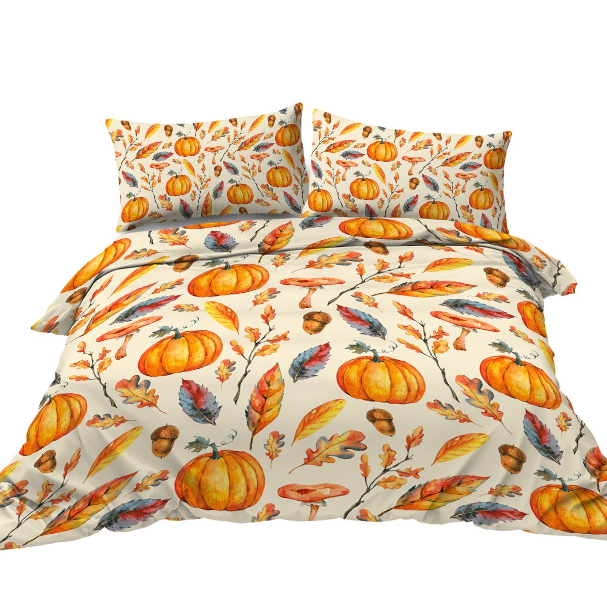 BlessLiving 3-piece Single Duvet Cover Set Orange Autumn Watercolor Design Pumpkins Gold Yellow Fall Leaves Pattern Bedding Sets Cheerful Natural Bedspread