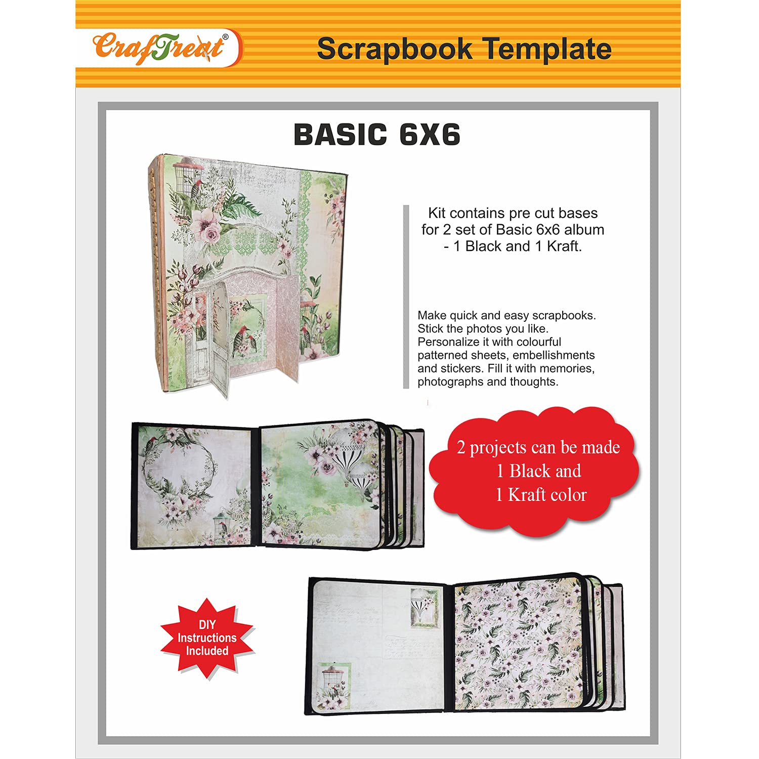 CrafTreat Basic 6x6 DIY Scrapbook Blanks – 2 Album Sets – Precut & Prescored Scrapbook Base Kit – 1 Black + 1 Kraft – Easy Handmade Mini Album for Journaling, Gifting & Craft Projects