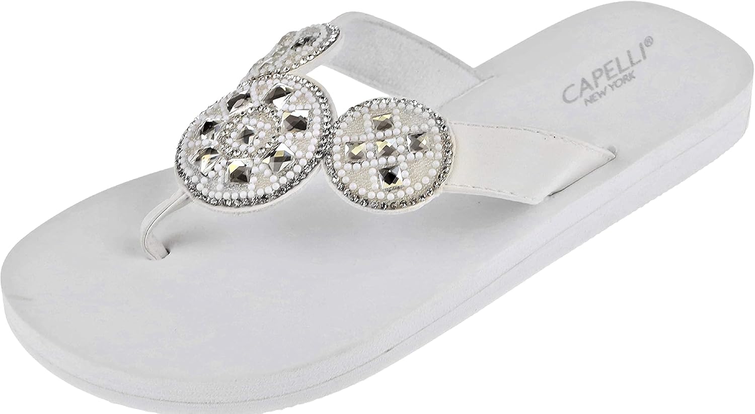 Amazon.com | Capelli New York Ladies Fashion Circular Rhinestone and Gem Flip Flops White 10 