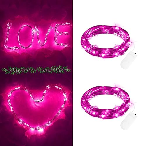 FFZZKJ 2 Packs Micro Fairy Lights Battery Operated Indoor 6.6Ft 20LED Copper Wire String Lights with Battery for Bedroom, Valentines Day, Anniversary, with 200 Silk Petals, Pink