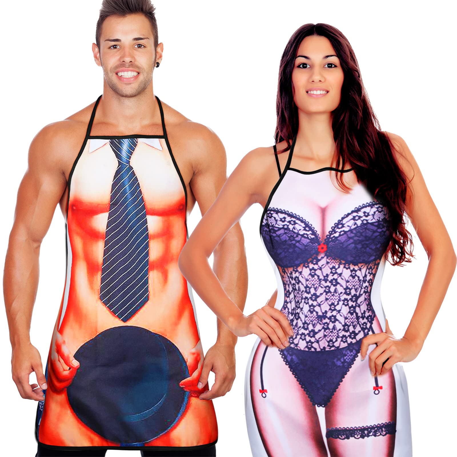 Neer 2 Pcs Funny Gifts for Men Women Set Apron Muscle Aprons for Men Adjustable Waterproof Cooking Chef Apron Kitchen Aprons for Women for Xmas BBQ Party Adults Couples(Lace Style)