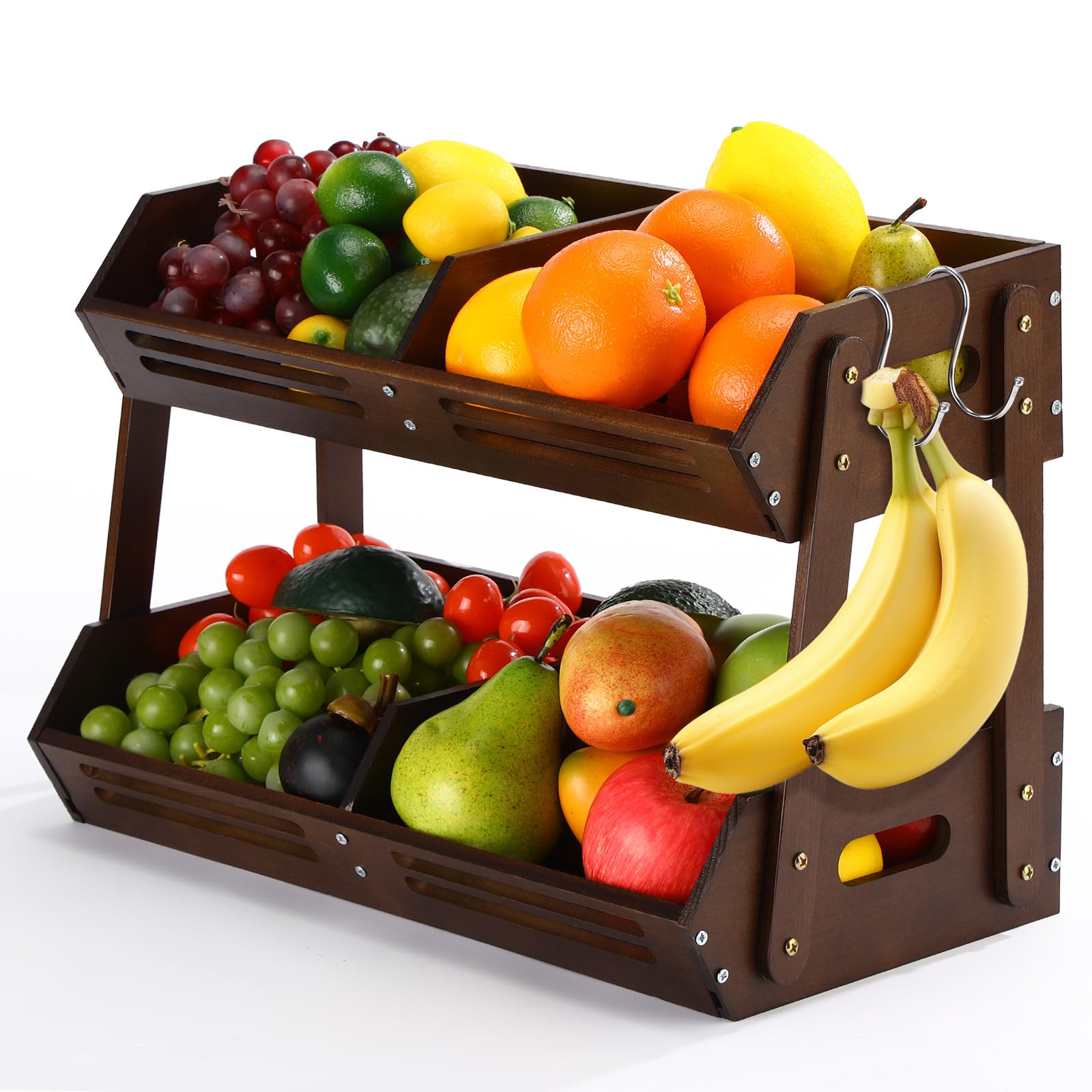 Photo 1 of Briwooody 2 Tier Fruit Basket for Kitchen Counter Fruit Storage 16.5 Inch Large Wood Vegetables Basket with 4 Banana Hooks Bowl Stand Holder Snack Organizer Countertop Onion Bread Pantry(Pine Wood)