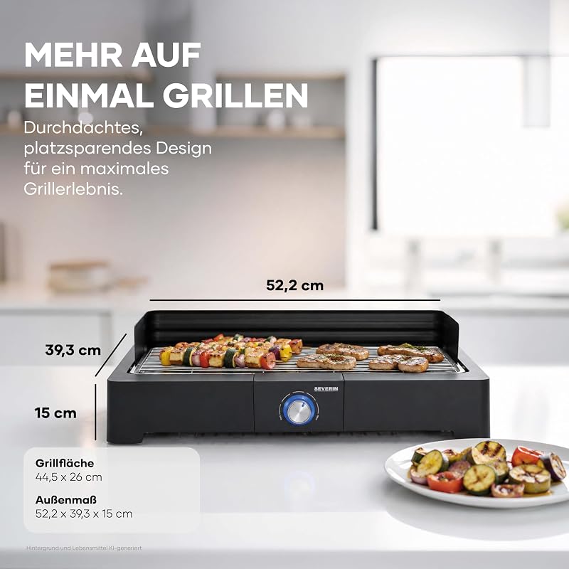 Tischgrill mit Edelstahl-Grillrost für drinnen und draußen, Elektrogrill mit schnellem Grill-Start, Balkon Grill ohne Verbrennungsgefahr, Schwarz, PG 8565