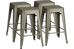 Furmax 24'' Metal Stools High Backless Silver Metal Indoor-Outdoor Counter Height Stackable Bar Stools Gun Metal（Set of 4）