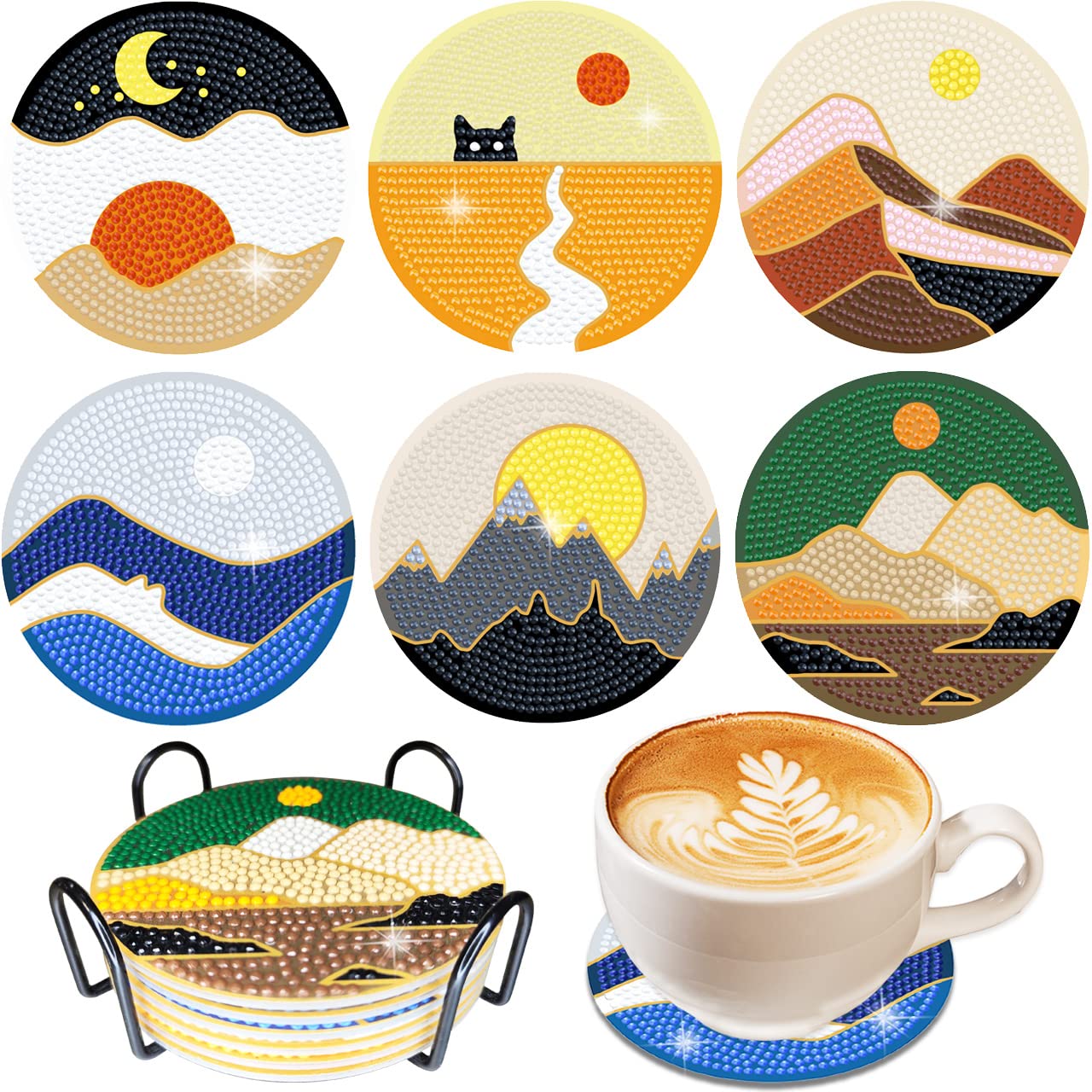 Vcekract Diamond Painting Coasters, 6 Pcs Abstract Landscape Diamond Painting Coasters with Holder, Diamond Art Kits for Adults