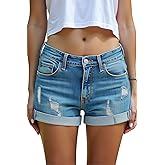 HOCAIES Women's Juniors Mid Rise Jean Shorts Folded Hem Denim Shorts for Women