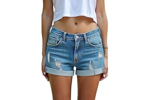 HOCAIES Women's Juniors Mid Rise Jean Shorts Folded Hem Denim Shorts for Women