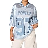 Verdusa Women's Jersey Letter Graphic Oversized Half Sleeve V Neck Y2k T Shirts Streetwear