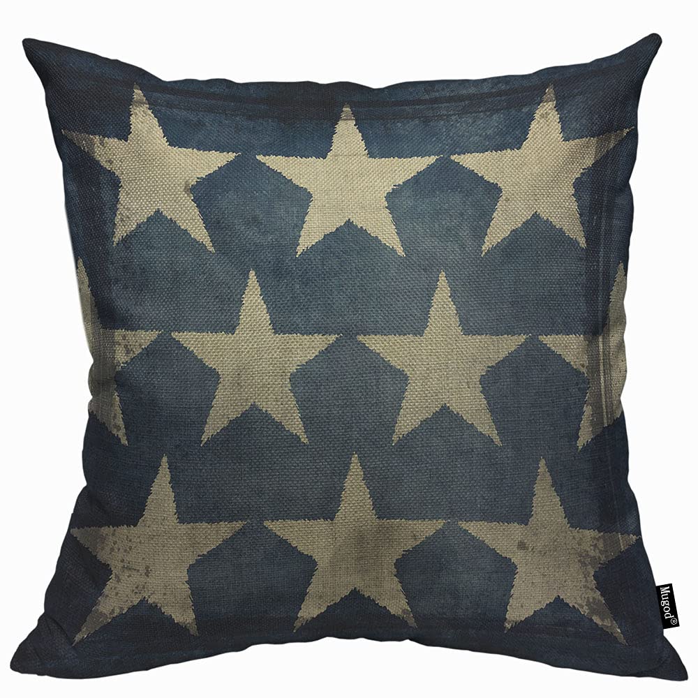 Mugod Blue Beige Star Cushion Cover Throw Pillow Covers Antique American Flag Stars Patriotic Memorial Day Fourth of July Pillow Case for Men Women Decorative Home Sofa Chair Couch 45x45cm/18x18 Inch