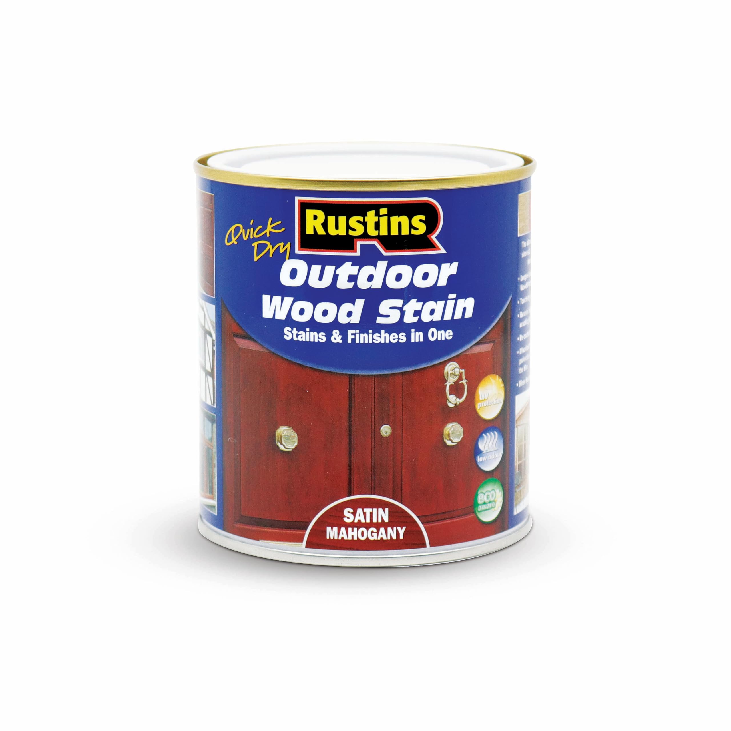 Rustins Quick Dry Outdoor Wood Stain Satin Mahogany 500ml- Durable and Weather-Resistant Finish, Fast Drying, Vibrant Color for Decks, Fences, & Furniture, Available in Many Wood Shades