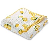 LollyBanks Muslin Baby Quilt, 100% Cotton Baby Blanket for Boys and Girls, Large 47 x 47 Inches Versatile Crib Blanket, 6 Layers Newborn Blanket, Durable Baby Bedding, Registry (Sunny Lemon Print)