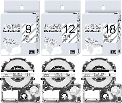 Amazon 9mm 12mm 18mm 互換 テプラ 透明 テープカートリッジ キングジム テプラproテープ St9k St12k St18k 各1個 3点のテープセット 黒文字 テープライター Sr170 Sr R680 Sr750 Sr250など用 長さ8メートル テープ 文房具 オフィス用品