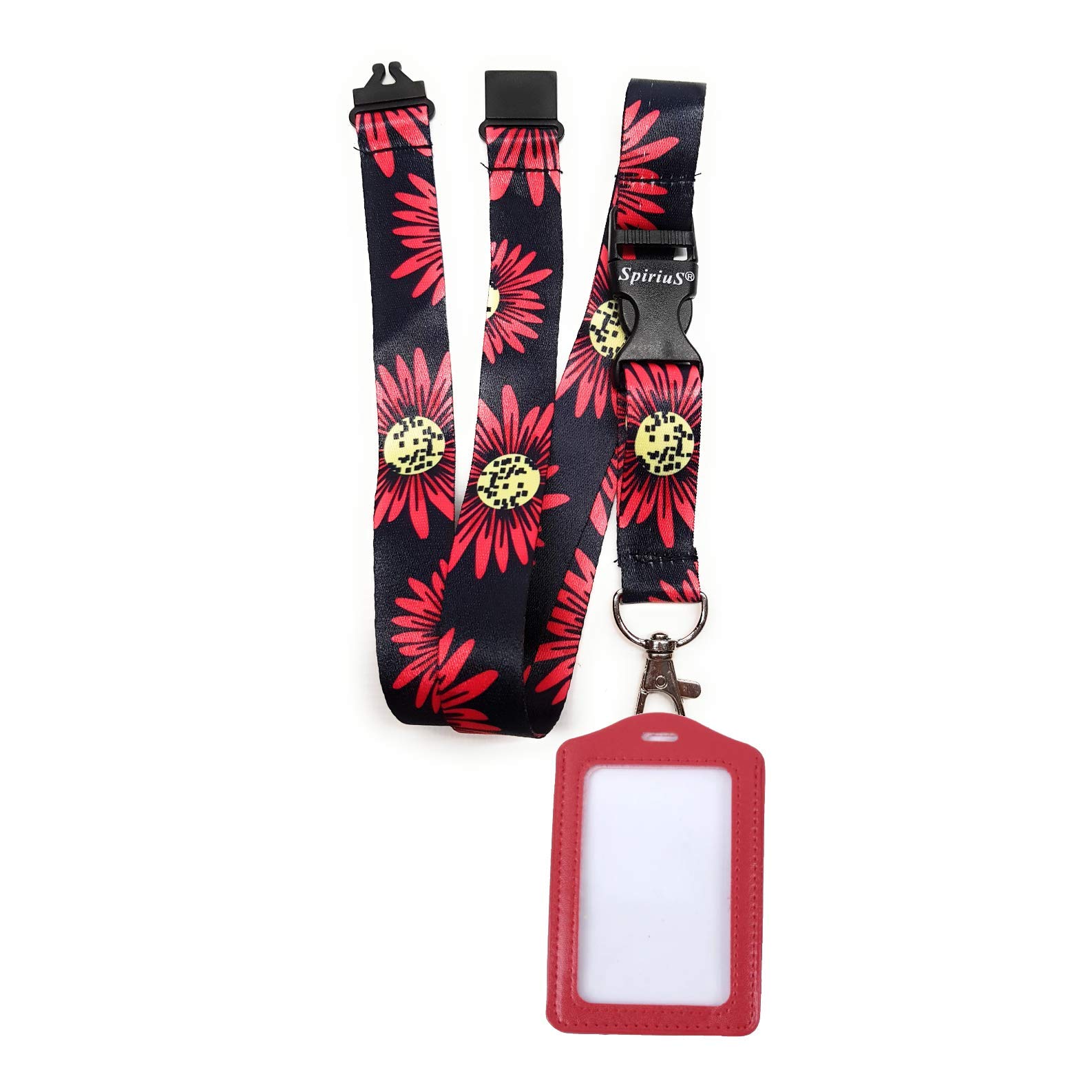 Spirius Original Lanyard Neck Strap with RED Leather ID Card Badge Holder for Work, conferences, Events, Parties, Schools and Trips. (Big Flowers)