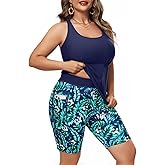 Plus Size Tankini with Shorts - Women Two Piece Bathing Suit Top Tummy Control Swimwear Bottom with Pockets