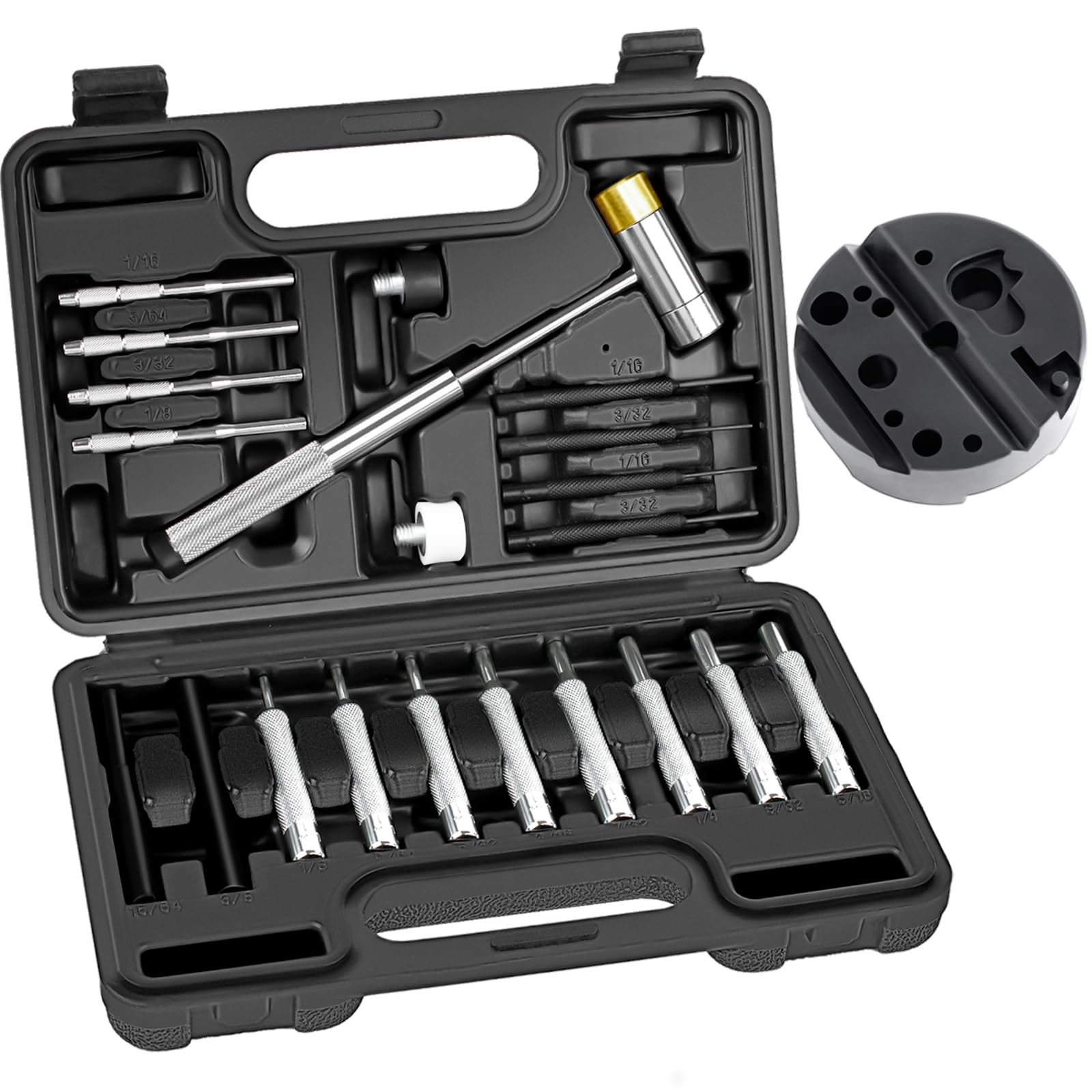 Photo 1 of BESTNULE Punch Set, Pin Punches, Punch Tool, Roll Pin Punch Set, Made of High Quality Metal Material Including Punches and Hammer, Mechanical Repair Tool, with Organizer Storage Box (with Bench Block)