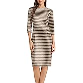 Allegra K Houndstooth Dress for Women Plaid 3/4 Sleeve Crew Neck Back Slit Keen Length Business Casual Elegant Sheath Dresses