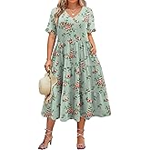 IN'VOLAND Womens Plus Size Short Sleeve Dress Summer Midi Casual Tiered V-Neck Aline Flowy Loose Dresses with Pockets