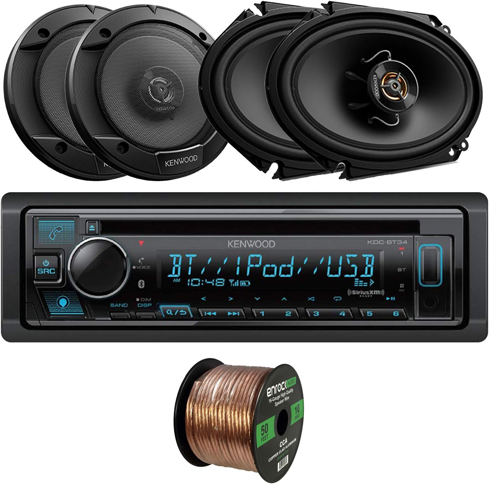 Kenwood Single-DIN in-Dash CD Player Bluetooth Stereo Receiver Bundle Combo with 2 x 6.5 2-Way Car Audio Speakers, 2 x 6x8 500W 2-Way Audio Coaxial Speakers, 16 Gauge Speaker Wire