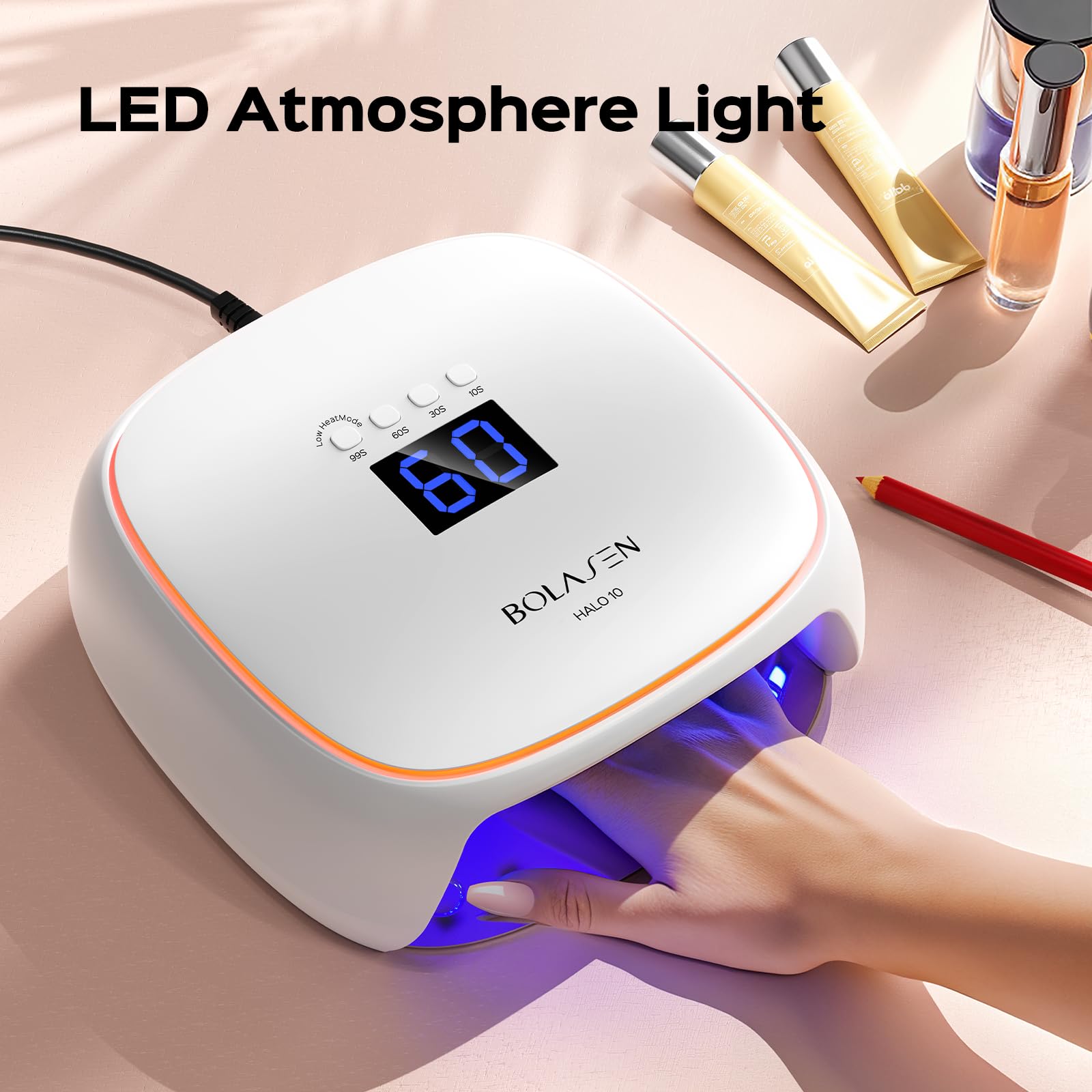 BOLASEN UV LED Nail Lamp, 60W UV Light for Gel Nails with Ceramic Technology, Professional Nail Dryer for Gel Nail Polish, Quick Dry Curing Lamp with Metal Base & Atmosphere Light, Halo 10 - Image 3