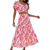 DRESSTELLS Women's 2 Piece Outfits, Floral Top Skirt Set, Long Spring Easter Vacation Beach Sets
