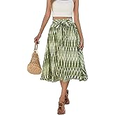Poplab Women's Elastic High Waist Pleated A-Line Midi Skirts with Adjustable Tie Belt Side Pockets