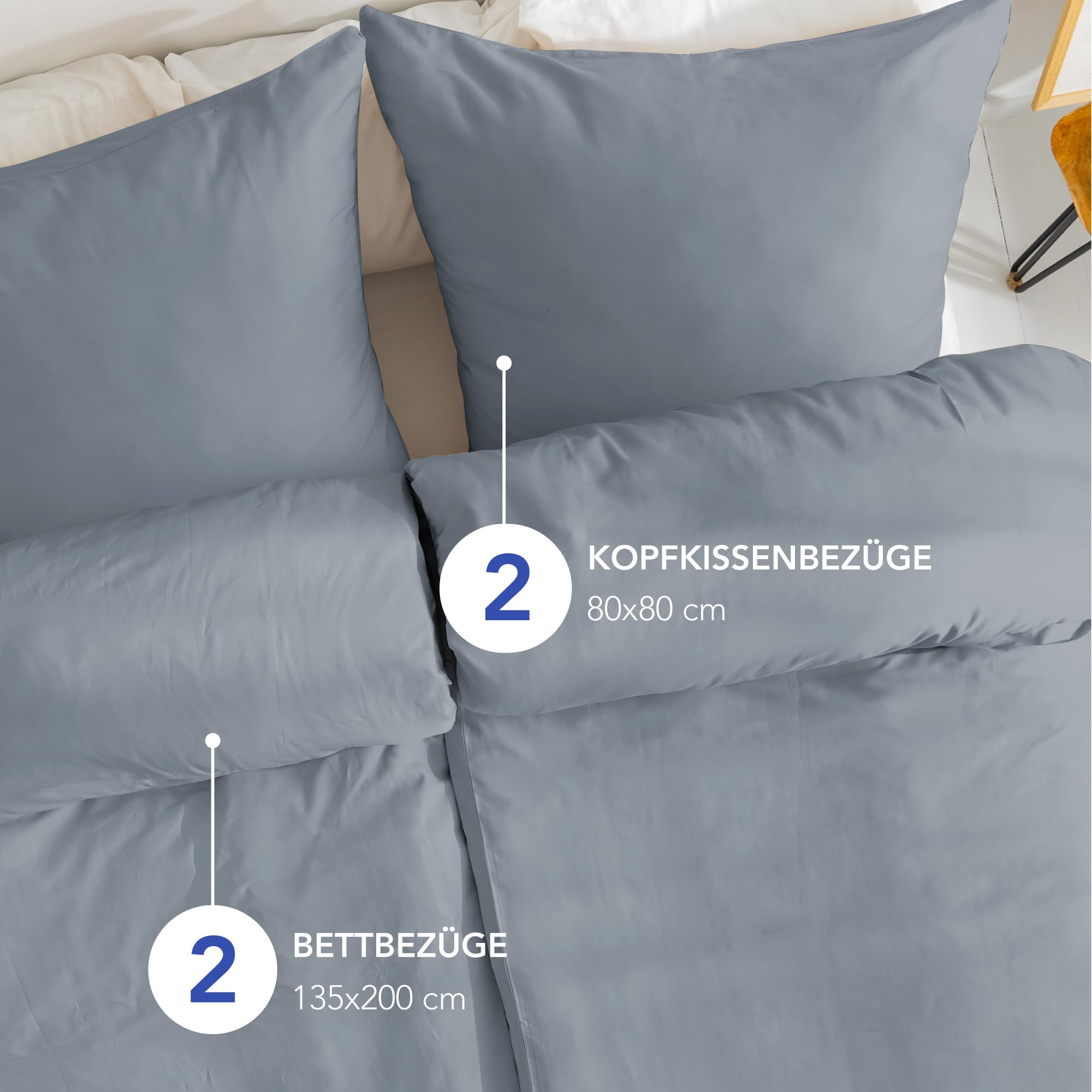 Dreamzie 2 Bettwäsche Set 135x200 Mako Satin - Grau - 2 Bettbezüge 135x200 cm mit 2 Kissenbezüge 80x80 cm - Oeko-Tex Zertifiziert - Bettwäsche 135x200 Baumwolle 4teilig 2