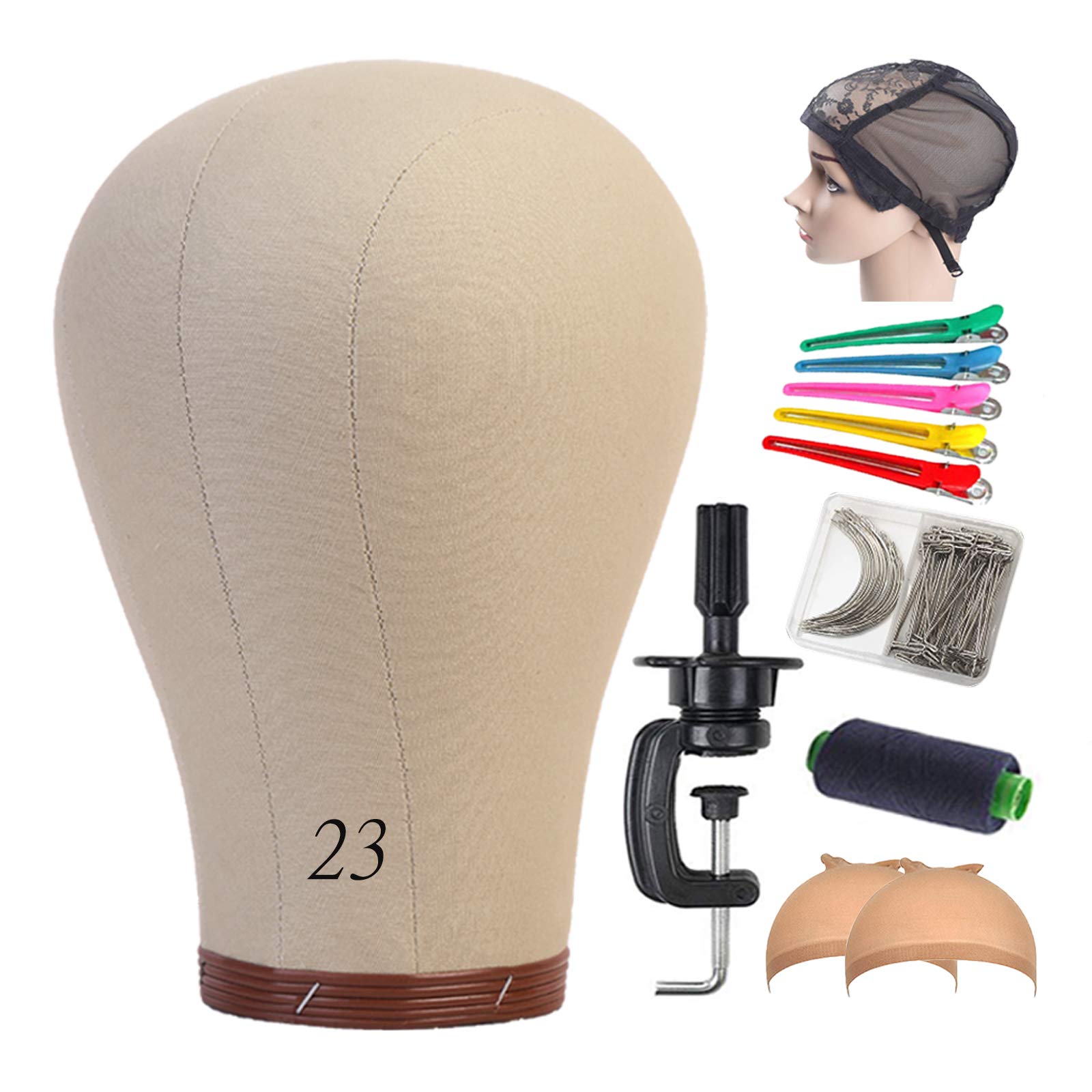 RUICAS 23" Wig Head,Cork Canvas Head,Mannequin Head with Table Stand,Canvas Block Head for Wigs Making Display (Wig Stand,Wig Cap,T-Pins,Sewing Thread) (23inch)