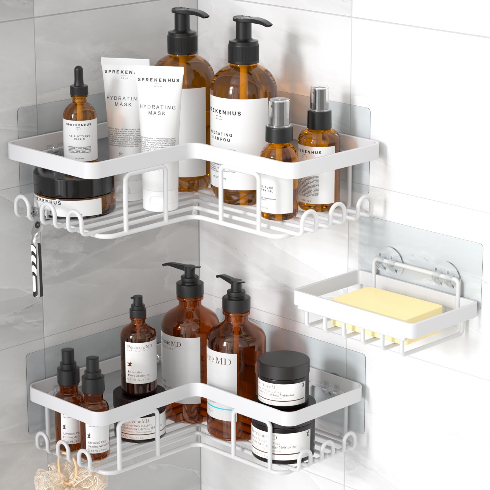 Photo 1 of YASONIC Corner Adhesive Shower Caddy, with Soap Holder and 12 Hooks, Rustproof Stainless Steel Bathroom Organizer, No Drilling Wall Mounted Rack, White, 3-Pack