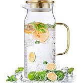 Bivvclaz 2 Liter 68 oz Gold Glass Pitcher with Lid and Handle, Glass Carafe for Hot/Cold Water, Large Iced Tea Pitcher for Coffee, Juice and Homemade Beverage