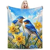 Qycazzw Bluebird Blanket Gifts for Women Kids, Bird and Floral Theme Flannel Blankets, Warm Cozy Soft Throw for Bedroom, Camping, Couch, Decor 50x60 in