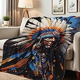 HUNXIAOJ Native American Flannel Blanket Indian Tribal Chief Print Blanket Throw for Couch Bed Soft Bedding Decor Native American Gifts for Boys Men Adults (49"x59")