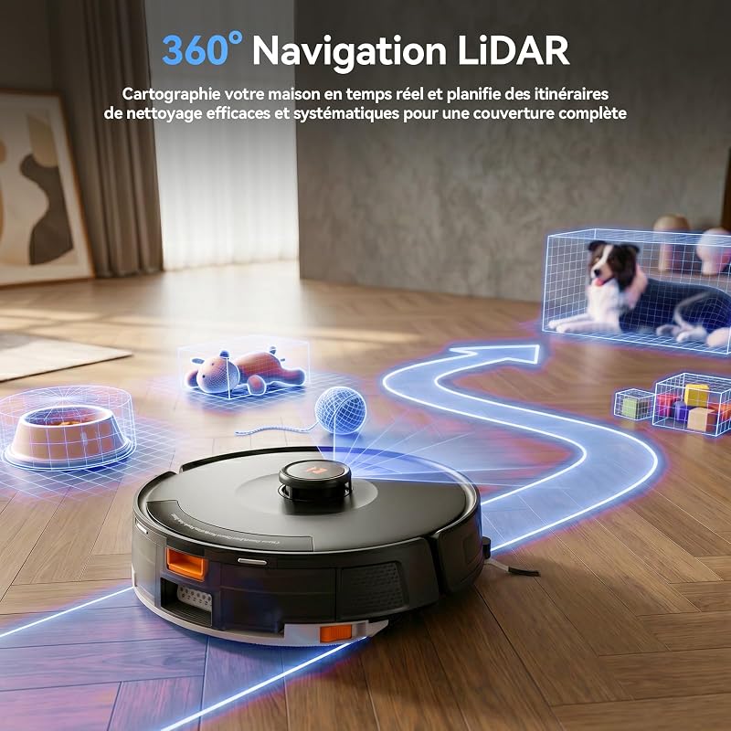 D8 Pro Robot Aspirateur Laveur, 38000Pa Robot Aspirateur avec Station d'Aspiration 4L, Anti-Enroulement des Poils, Navigation LiDAR, Robot 4-en-1 Aspirateur-Laveur pour Sols/Moquette