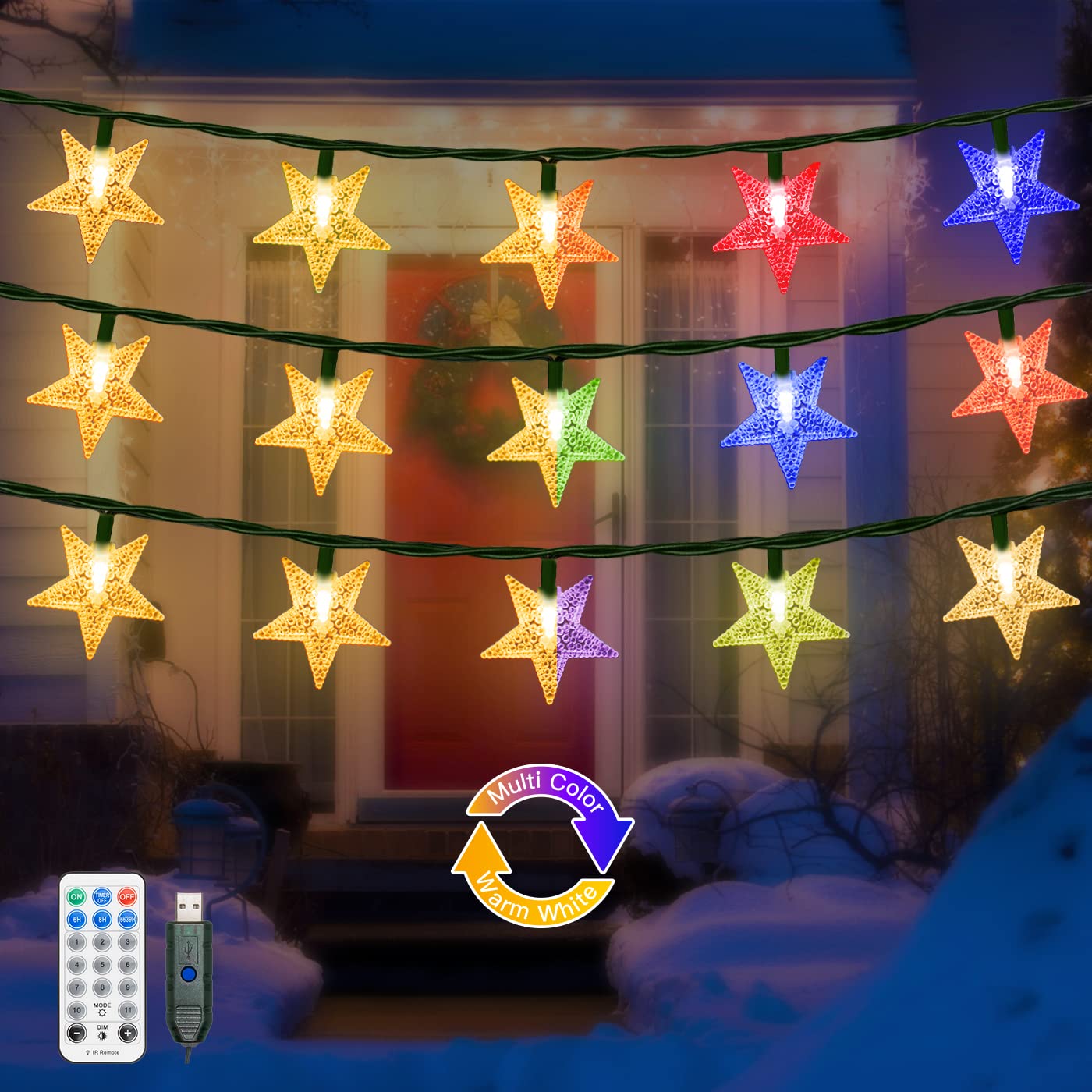 Ollimy Star Fairy Lights USB Powered, 40FT 80LED Waterproof Christmas Lights with Remote, Warm White + Multicolour Star String Lights for Indoor, Outdoor, Bedroom, Parties, Wedding Decoration
