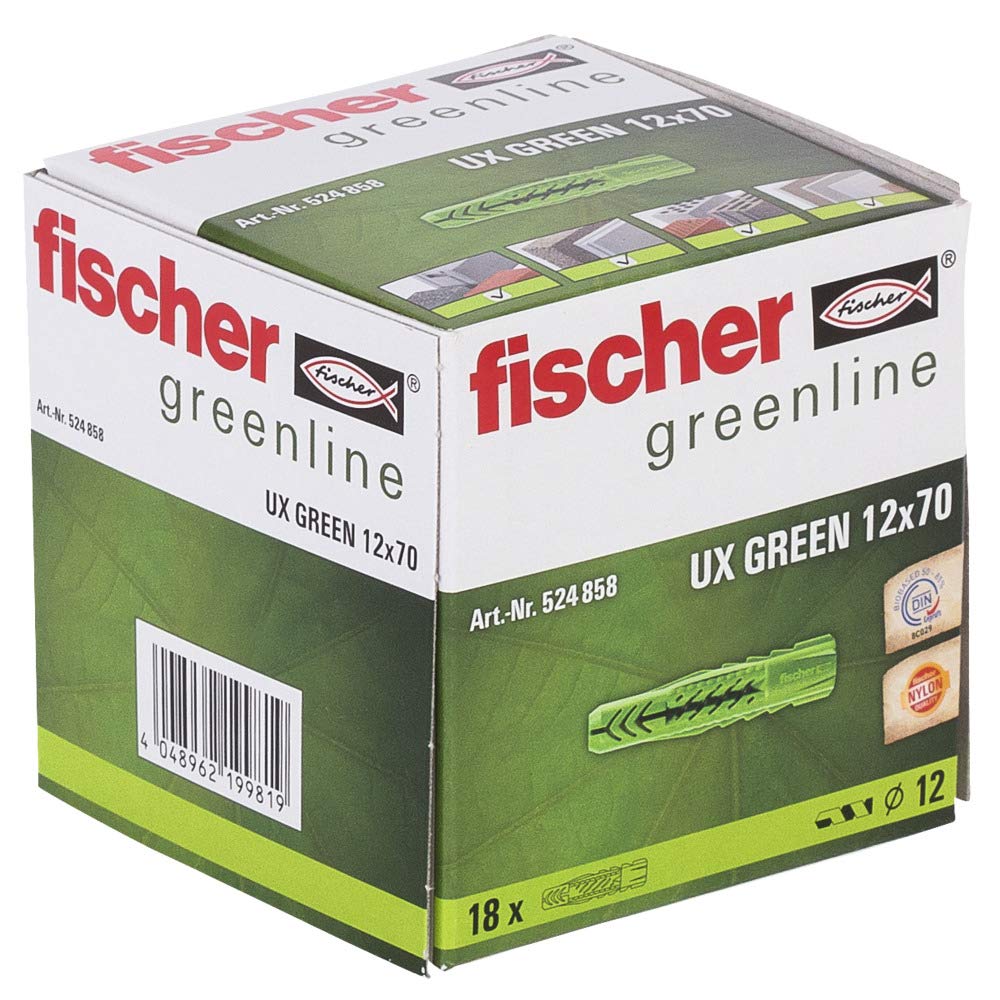 fischer UX Green Universal Plug 12 x 70, 18 Pieces, 524858