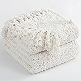 LONG CREATE Throw Blanket for Couch, White Luxury Knitted Throws 50"x60", Textured Blankets with Handmade Fringe Tassels for Bed Sofa Decorative, Chunky Soft Farmhouse Boho Home Decor