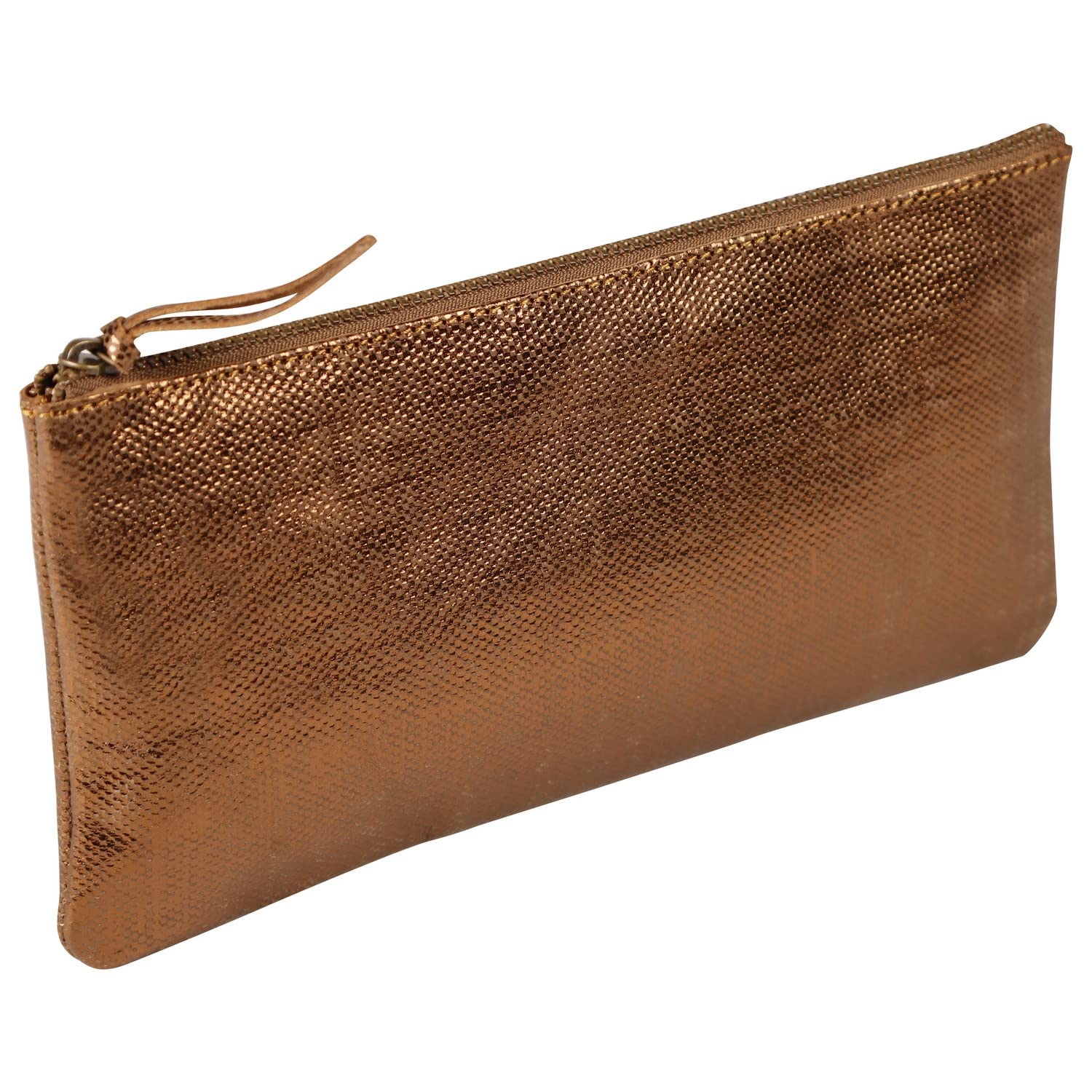 Clairefontaine - Ref 410036C - Kleo-Pathra' Leather Flat Pouch - 22 x 11cm, Made From Genuine Lambskin Leather, Metal Zip With Leather Puller - Bronze