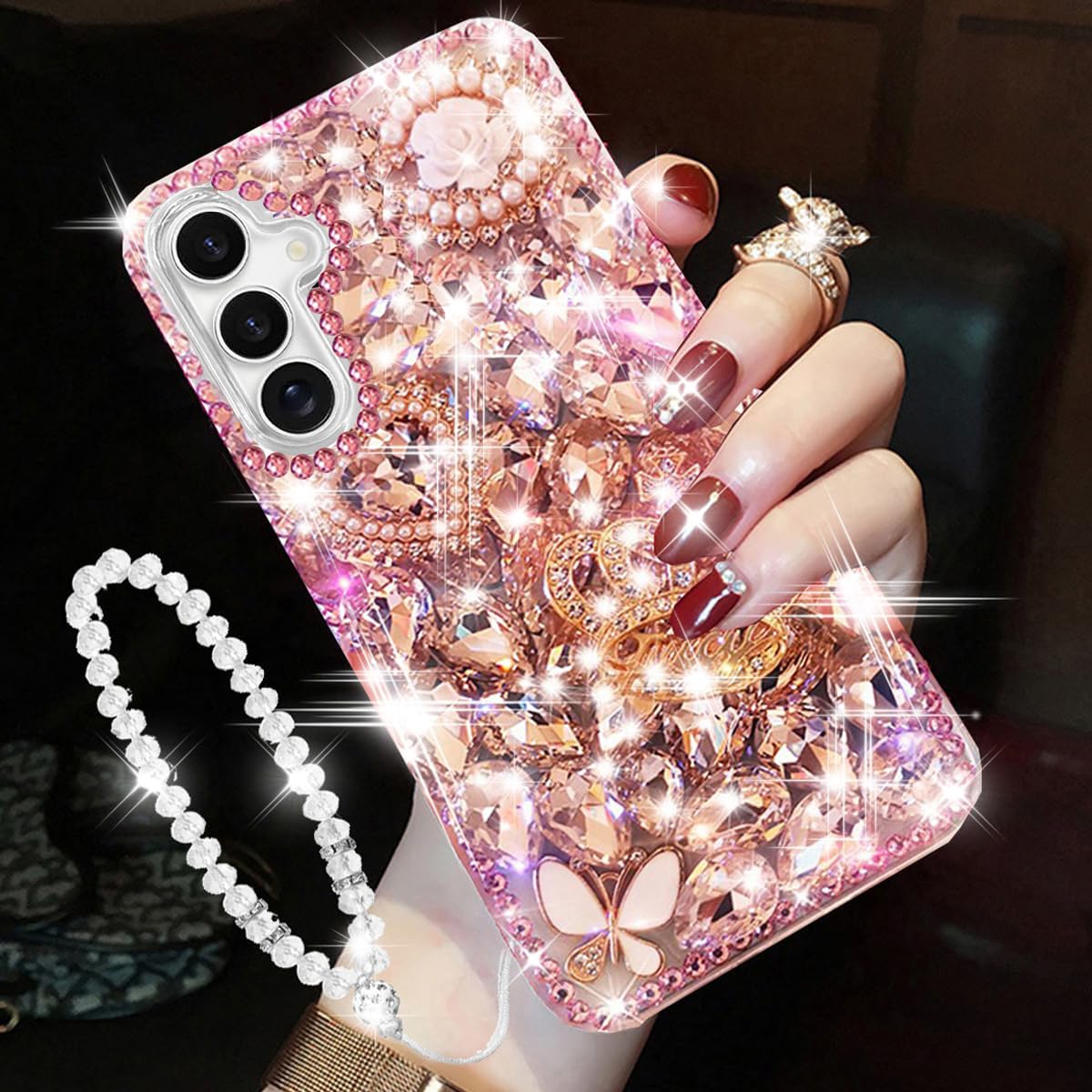 Photo 1 of Changjia for Samsung Galaxy S25 Glitter Bling Case,Cute Luxury 3D Sparkle Crown Crystal Rhinestones Diamond Stunning Gems Pearl with Lanyard Wrist Strap Women Girls Phone Case for Galaxy S25 6.2",Pink