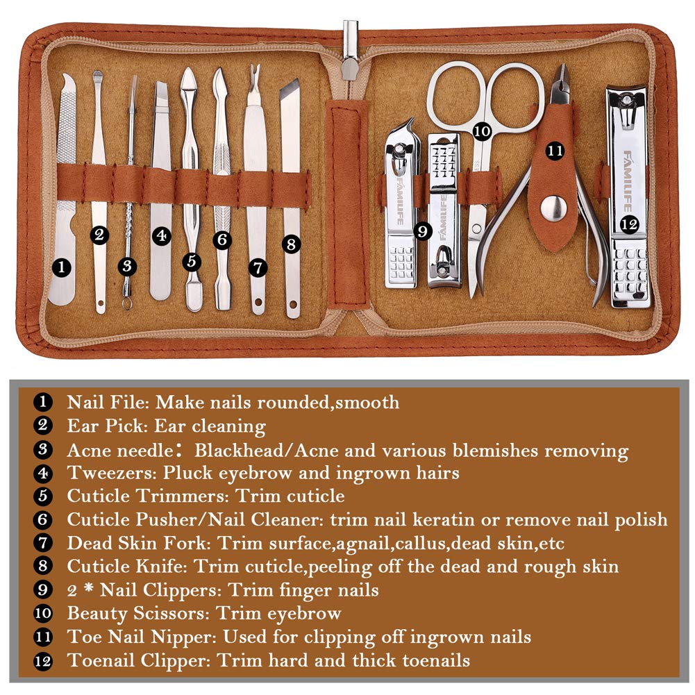 FAMILIFE F03 Manicure Set, Pedicure Kit Nail Clipper Set 13pcs Professional Men Grooming Kit Stainless Steel Portable Travel Nail Kit Women : Beauty