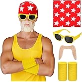 Geiserailie 4 Pcs Halloween Wrestler Costume Kit Include Star Bandana Wrist Sweatbands Yellow Glasses Moustache for Men Wrestler Dress up