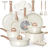 Pots and Pans Set Non Stick Non-Toxic 22 Pcs Ceramic Cookware Sets Nonstick Kitchen Pot&Pan With Lid Cream White Granite Induction Compatible with Glass Lids Crepe Frying Pan PFOA/PFOS-Free