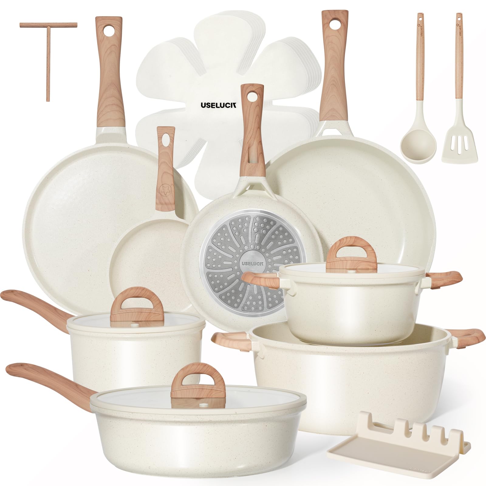 Photo 1 of **** used and missing parts.**** Pots and Pans Set Non Stick Non-Toxic 22 Pcs Ceramic Cookware Sets Nonstick Kitchen Pot&Pan With Lid Cream White Granite Induction Compatible with Glass Lids Crepe Frying Pan PFOA/PFOS-Free