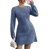 BLENCOT Women Sweater Dress Long Sleeve Floral Embroidered Mini Dresses | Crew Neck Knit A-Line Pullover Fall Dress, Cozy Winter Outfits Clothes, Casual Office Date Night Vacation