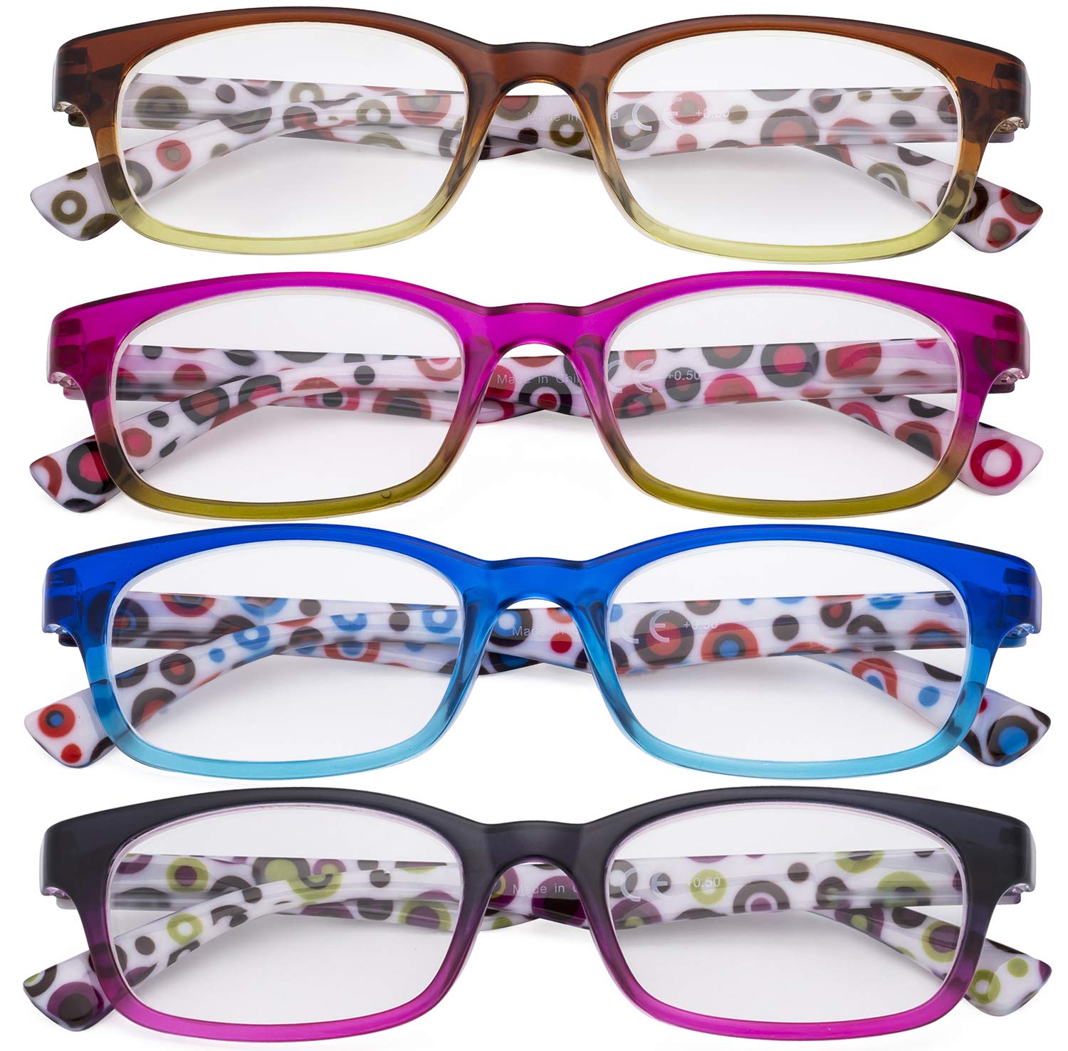 CessBlu Ladies 4 Pack Reading Glasses Polka Dots Pattern Design Reader Eyeglasses for Women +2.5