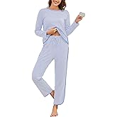 Fysumeoa Womens Cotton Pajama Sets Stripe 2 Piece Lounge Set Long Sleeve Pj Set Comfy Loungewear Sleepwear with Pockets