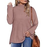 CARCOS Plus Size Sweaters for Women Solid Turtleneck Sweater Long Sleeve Pullover Tops Casual Split Hem Knit Shirts