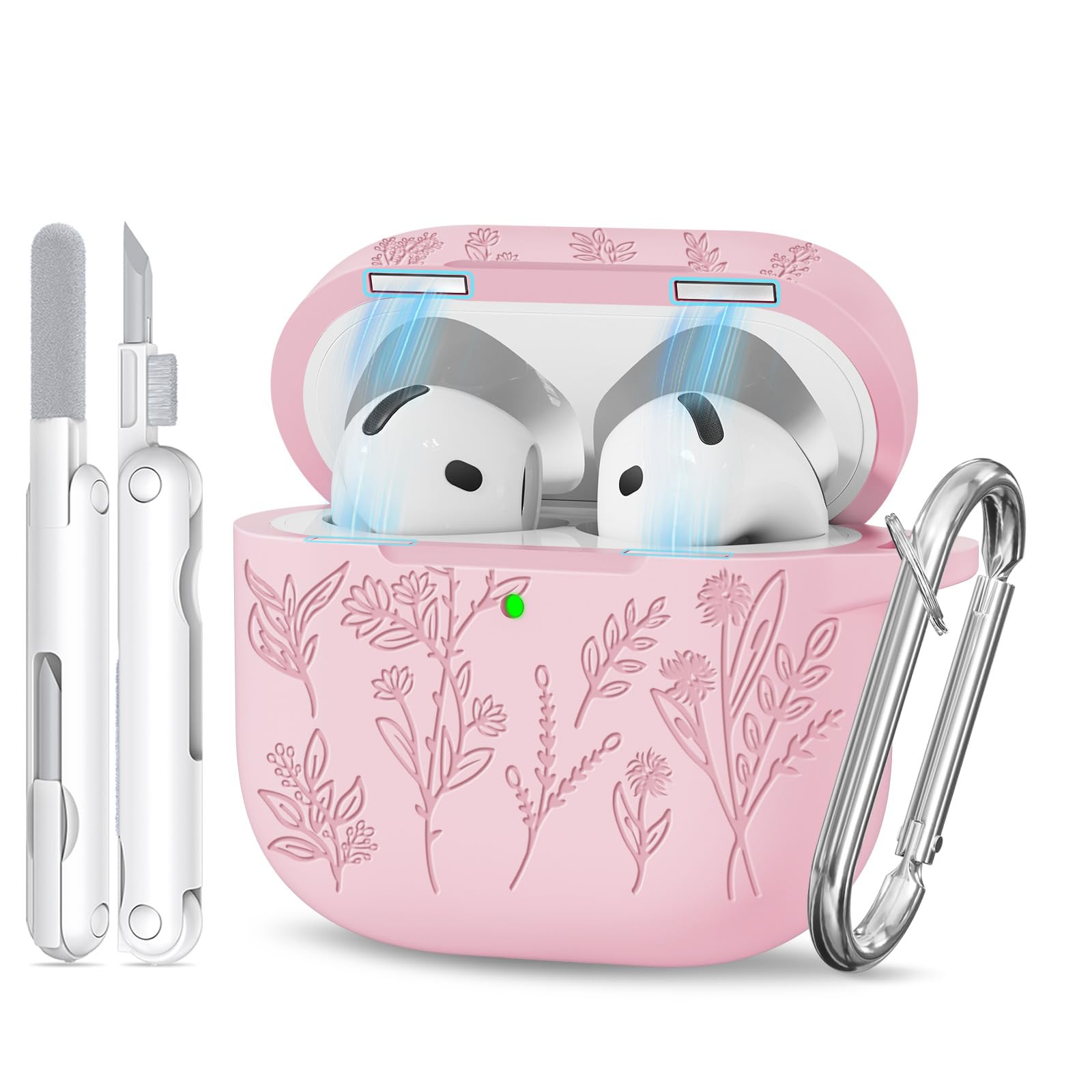 for Airpods 4 Case with Magnetic Lid, Ekoonpft Flower Engraved Cases for Apple AirPods 4th Generation 2024, Soft Silicone Cover for Women Girly with Cleaning Kit & Keychain, Shockproof