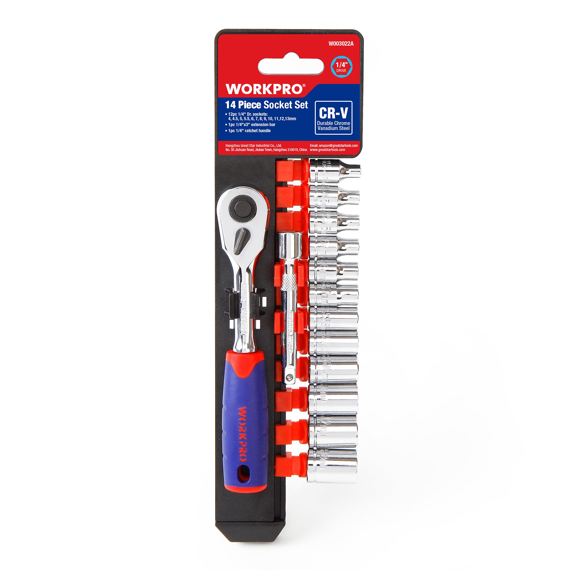 WORKPRO 14-Piece Metric Socket Wrench Set (4-13mm), Anti-Rust Cr-V Steel, 1/4" Quick Release Drive Ratchet 72 Teeth with Extension Bar