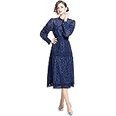 LAI MENG FIVE CATS Women's Round Neck Lantern Sleeves Embroidery Button Layered Lace Hem Midi Dress with Belt Navy