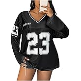 WDIRARA Women's Plus Size Jersey Shirts Number Graphic Tees V Neck Long Sleeve T Shirts Oversized Tops