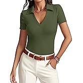 Meetrendi Womens Short Sleeve Business Casual Tops Summer V Neck Polo Work Shirts 2025 Fitted Basic Collared Shirt